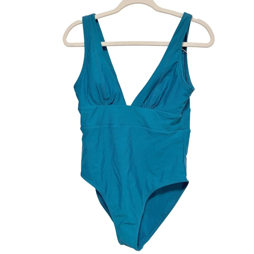 NWT Quince Italian Plunge One Piece Swimsuit, Lagoon Teal Blue, Sz M
